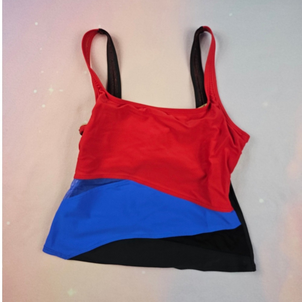 Anne Cole Tankini Top Womens Size L Red Blue Black Fair Colorblock Mesh Sporty‎